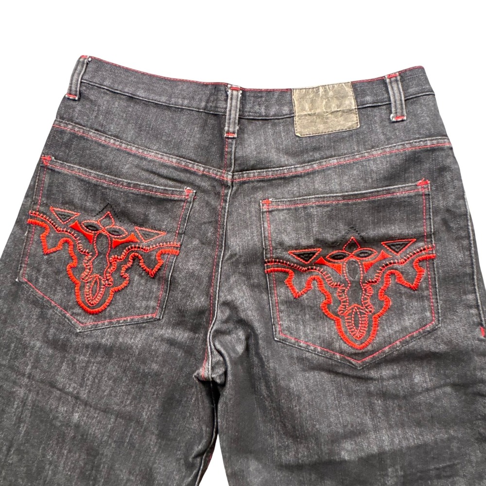Corked Jeans Black Denim Shorts Mens 36 Y2K Tribal Embroidered Streetwear Rocker
